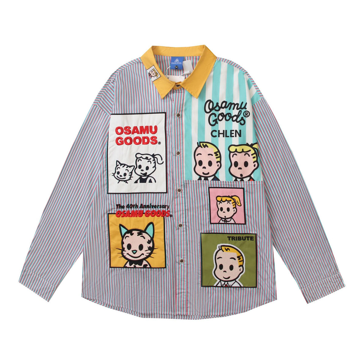 Retro Cartoon Applique Patchwork Striped Long Sleeve Shirt Unisex Personality Loose BF Couple Blouse