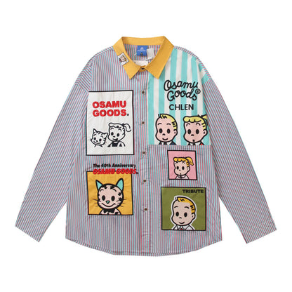 Retro Cartoon Applique Patchwork Striped Long Sleeve Shirt Unisex Personality Loose BF Couple Blouse