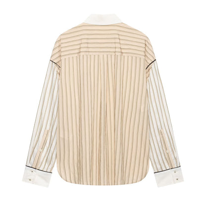 Color blocking lapel striped shirt+pants set