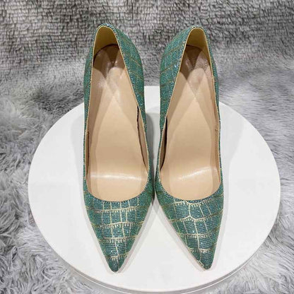 Glitter Embossed Crocodile Effect Women Greem Pointy Toe High Heel 8cm Green 40