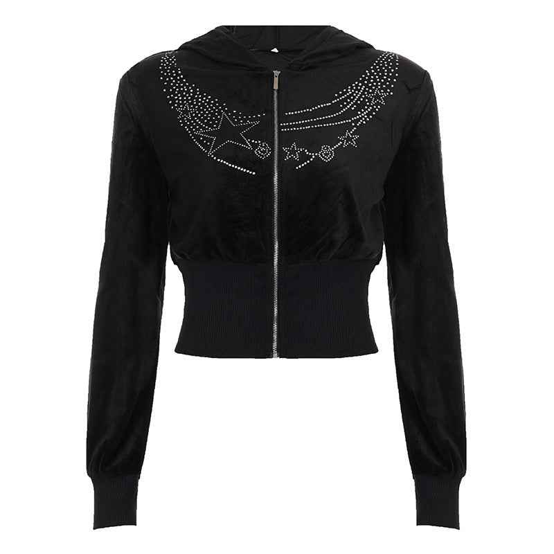 Hot stamping element velvet solid color zipper hooded long sleeved jacket Black eprolo