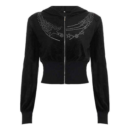 Hot stamping element velvet solid color zipper hooded long sleeved jacket Black eprolo