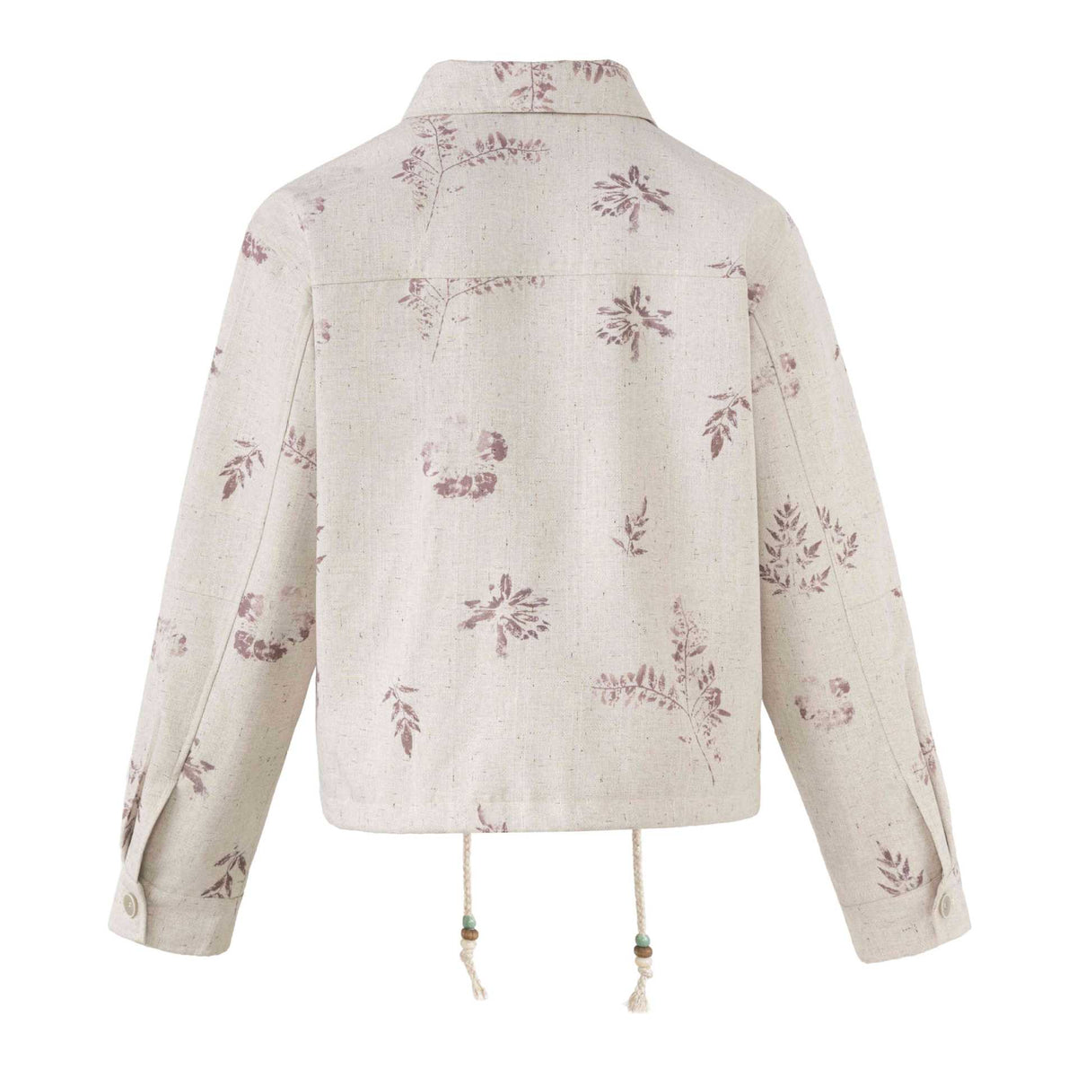 Plant Print Drawstring Closure Lapel Collar Cropped Jacket For Women