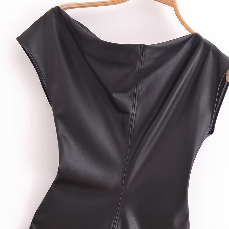 Asymmetric faux leather pleated dress | MuddyStock Originals