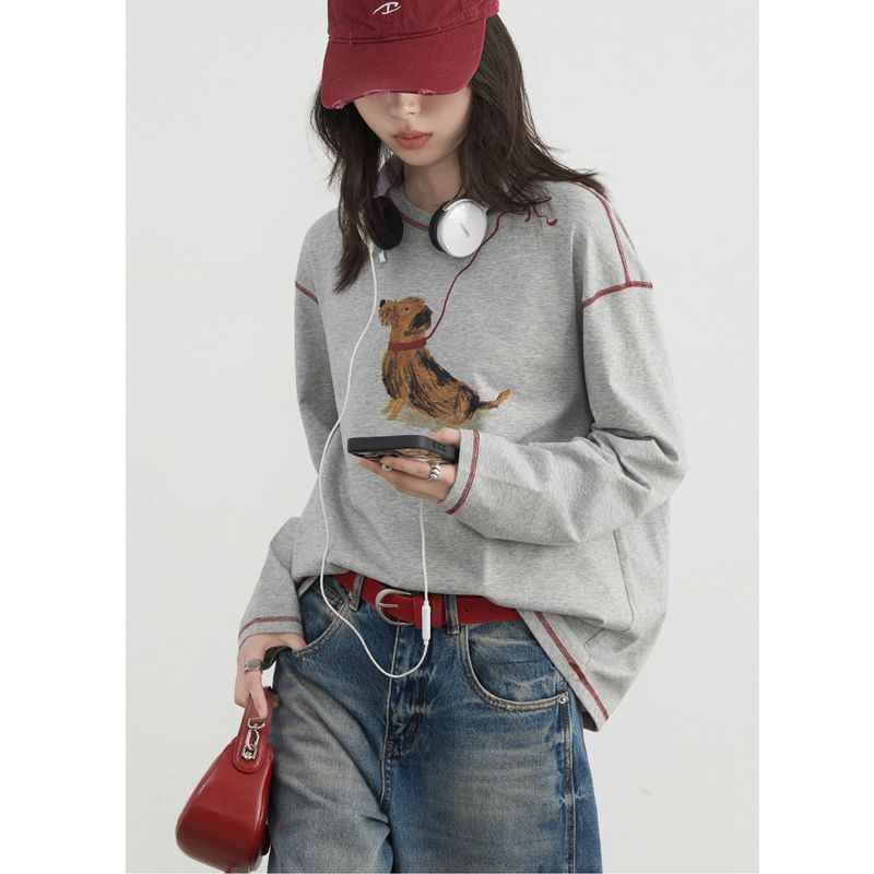 Dog Leash Long Sleeve T-Shirt for Women | MuddyStock Originals White Gray