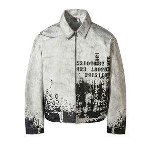 Dirty dye washed short abstract printed jacket for men | MuddyStock Originals Aged White