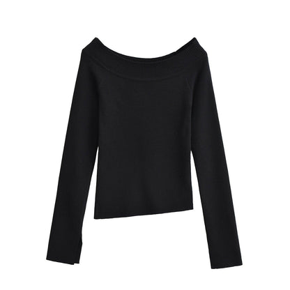 One line off shoulder slanted shoulder elastic slim fit top for women | MuddyStock Originals Black