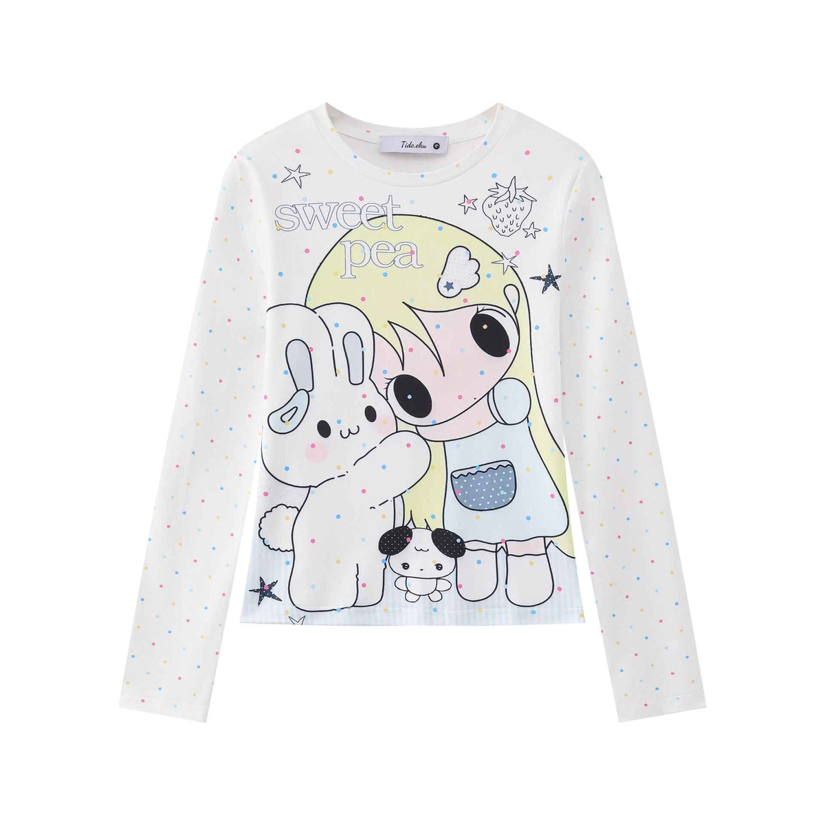 Slim Fit Long Sleeve T-Shirt with Cartoon Print For Women | MuddyStock Originals White