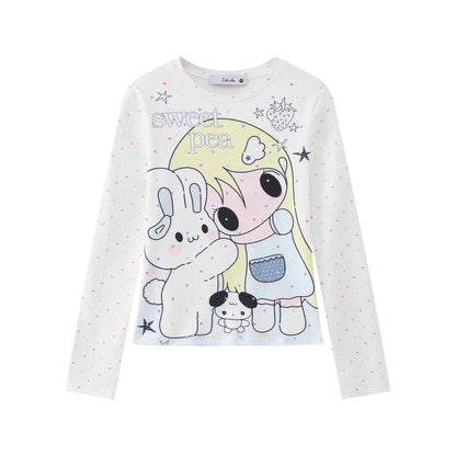 Slim Fit Long Sleeve T-Shirt with Cartoon Print For Women | MuddyStock Originals White