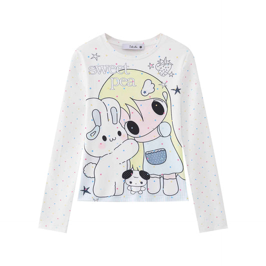 Slim Fit Long Sleeve T-Shirt with Cartoon Print For Women | MuddyStock Originals White