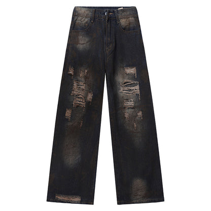 Washed Mud-Dyed Ripped Jeans Men's Loose Wide-Leg Pants
