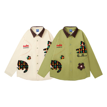 Fun Creative Embroidery Color Block Long Sleeve Shirt Unisex Versatile Couple Blouse Jacket eprolo