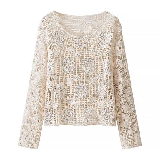 French style hollow knitted top for women | MuddyStock Originals Apricot One Size