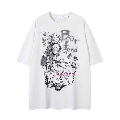Cartoon Print Short Sleeve Oversize Casual Versatile T-Shirt for Men and Women | MuddyStock Originals White MuddyStock