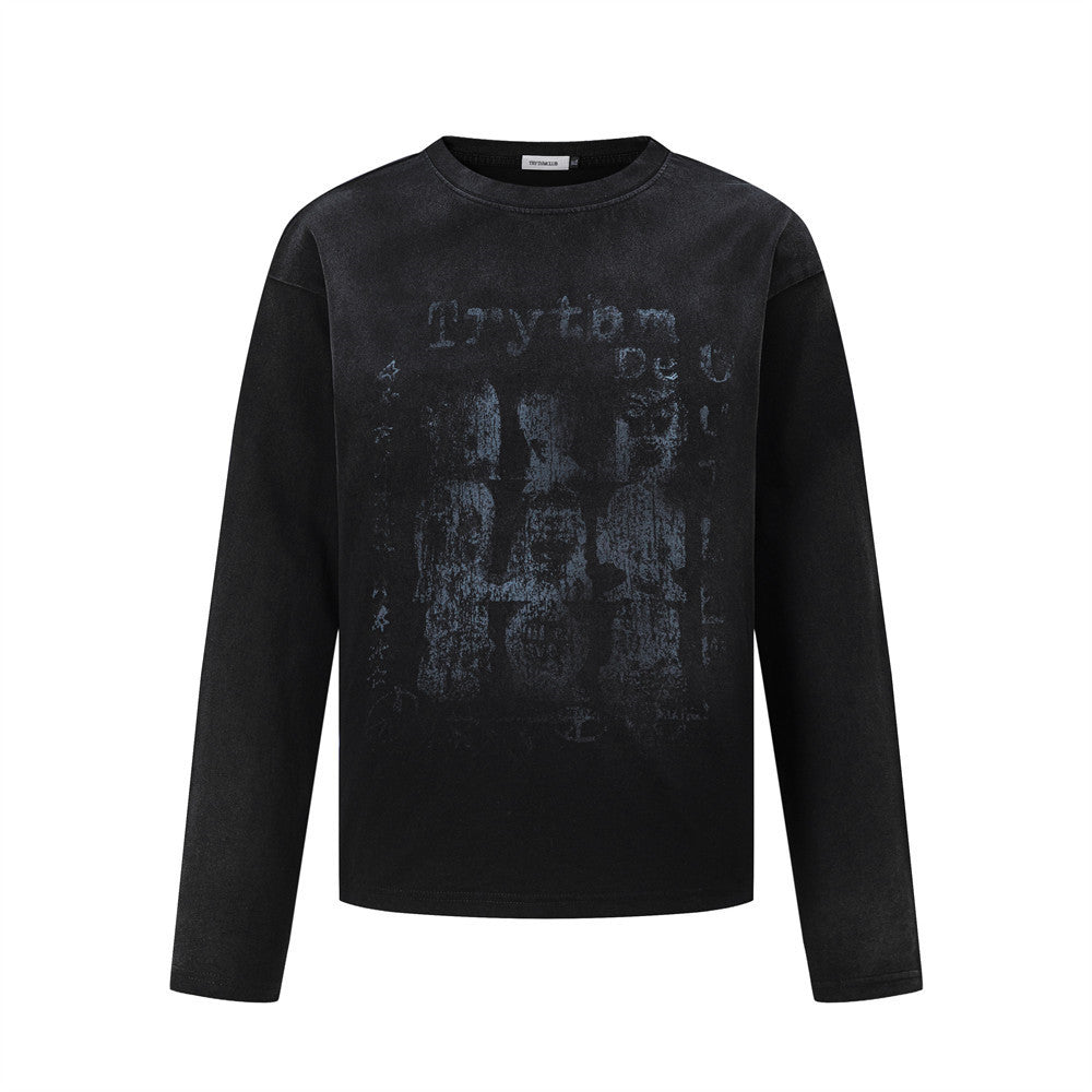 Men's Vintage Streetwear Distressed Portrait Grid Print Long Sleeve Crew Neck T-Shirt