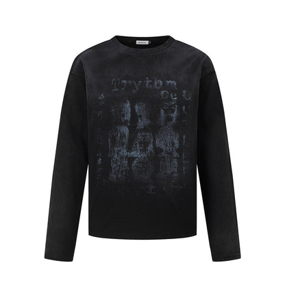 Men's Vintage Streetwear Distressed Portrait Grid Print Long Sleeve Crew Neck T-Shirt