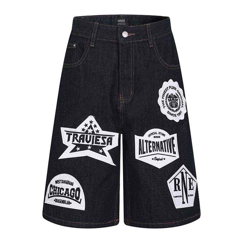 Emblem patch embroidery washed denim shorts
