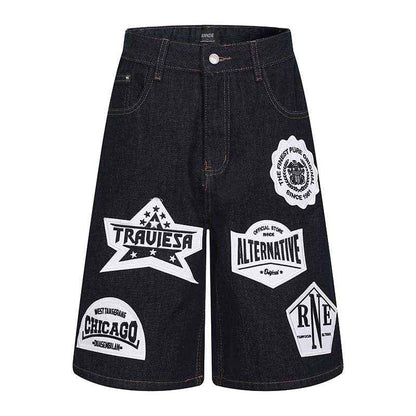 Emblem patch embroidery washed denim shorts