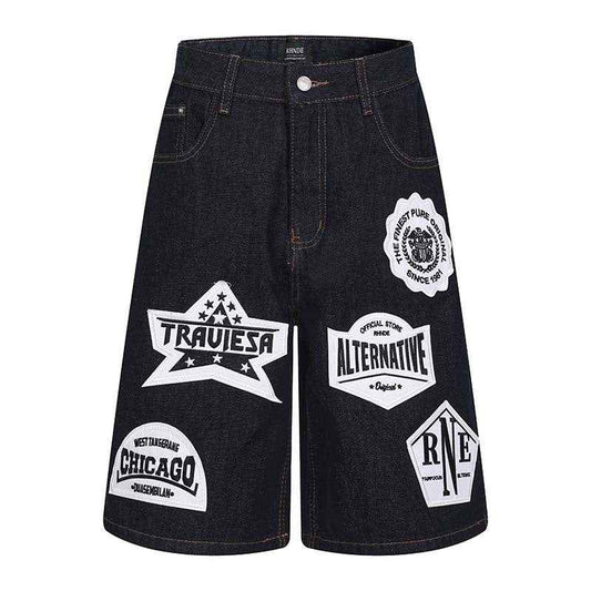 Emblem patch embroidery washed denim shorts