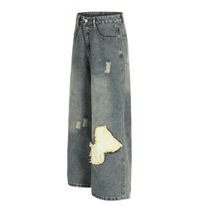 Loose Fit Denim Pants with Patchwork Decoration For Women | MuddyStock Originals Blue