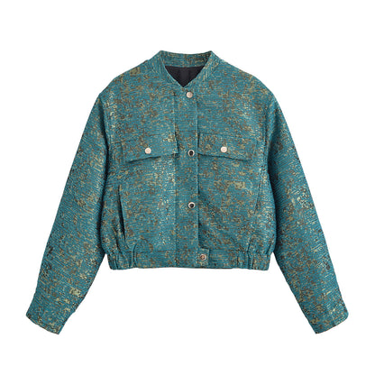 Jacquard patterned jacket for women | MuddyStock Originals Green and gold