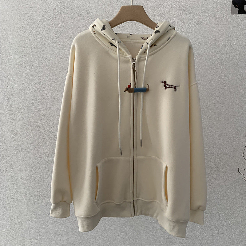 Embroidered Dog Print Hooded Zipper Sweatshirt Jacket Loose Casual Open Front Top eprolo