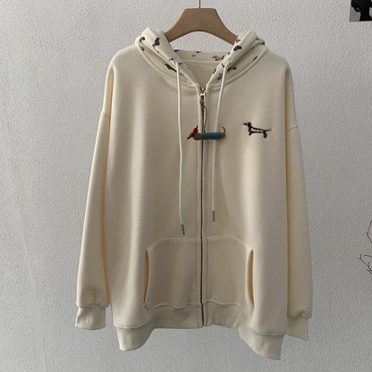 Embroidered Dog Print Hooded Zipper Sweatshirt Jacket Loose Casual Open Front Top eprolo