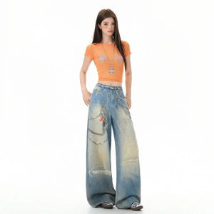 Chain Print Loose Wide Leg Denim Jeans For Women | MuddyStock Originals Chain Denim Blue