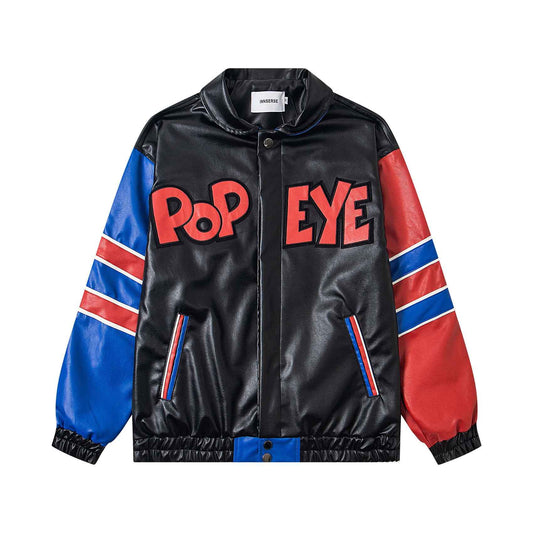 Patchwork Color-blocked Cartoon Lapel Leather Jacket For Men | MuddyStock Originals