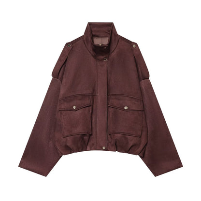 High neck long sleeved suede texture effect with strap decoration short jacket Chocolate Brown