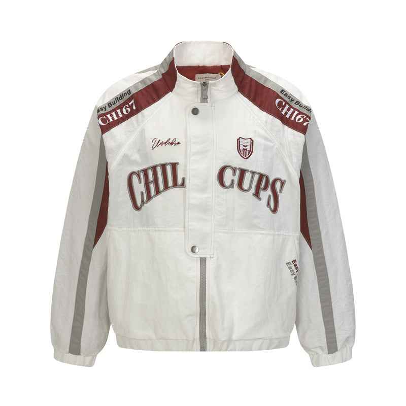 Street Embroidered Patchwork Racing Jacket For Men | MuddyStock Originals White MuddyStock