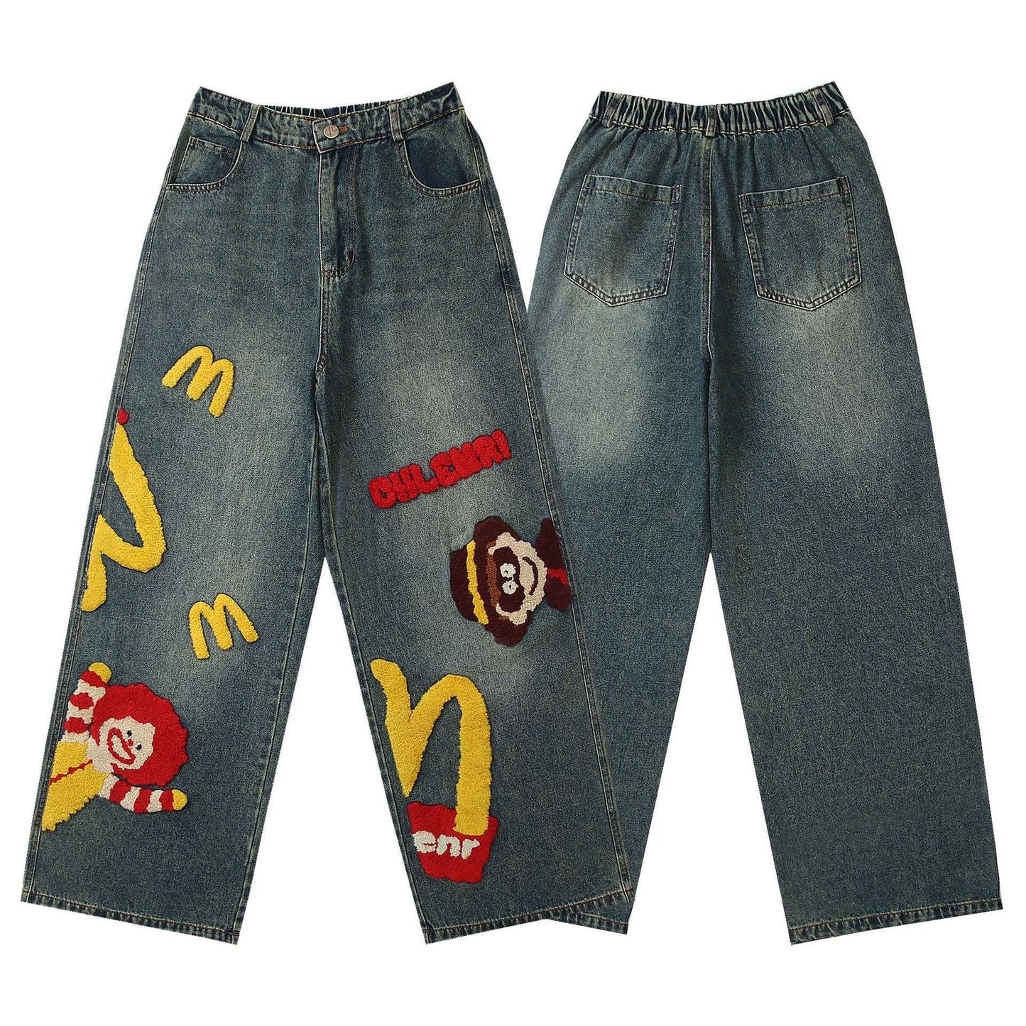Retro Washed Denim Trousers with Cartoon Embroidery For Men And Women | MuddyStock Originals