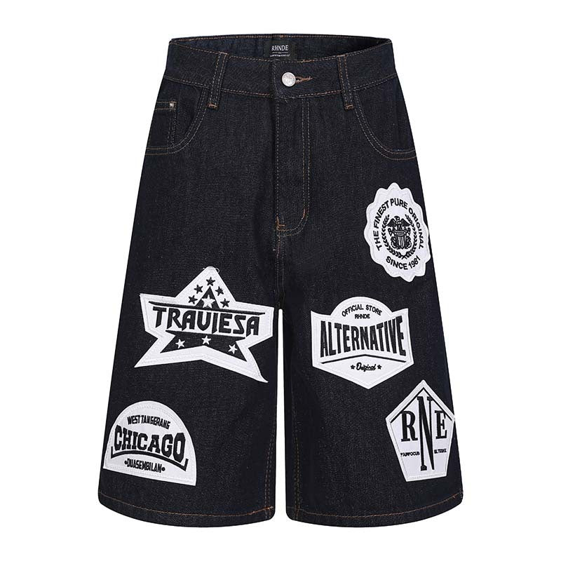 Emblem patch embroidery washed denim shorts Blue
