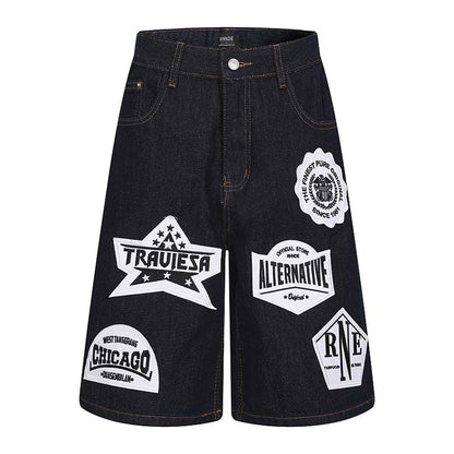 Emblem patch embroidery washed denim shorts Blue