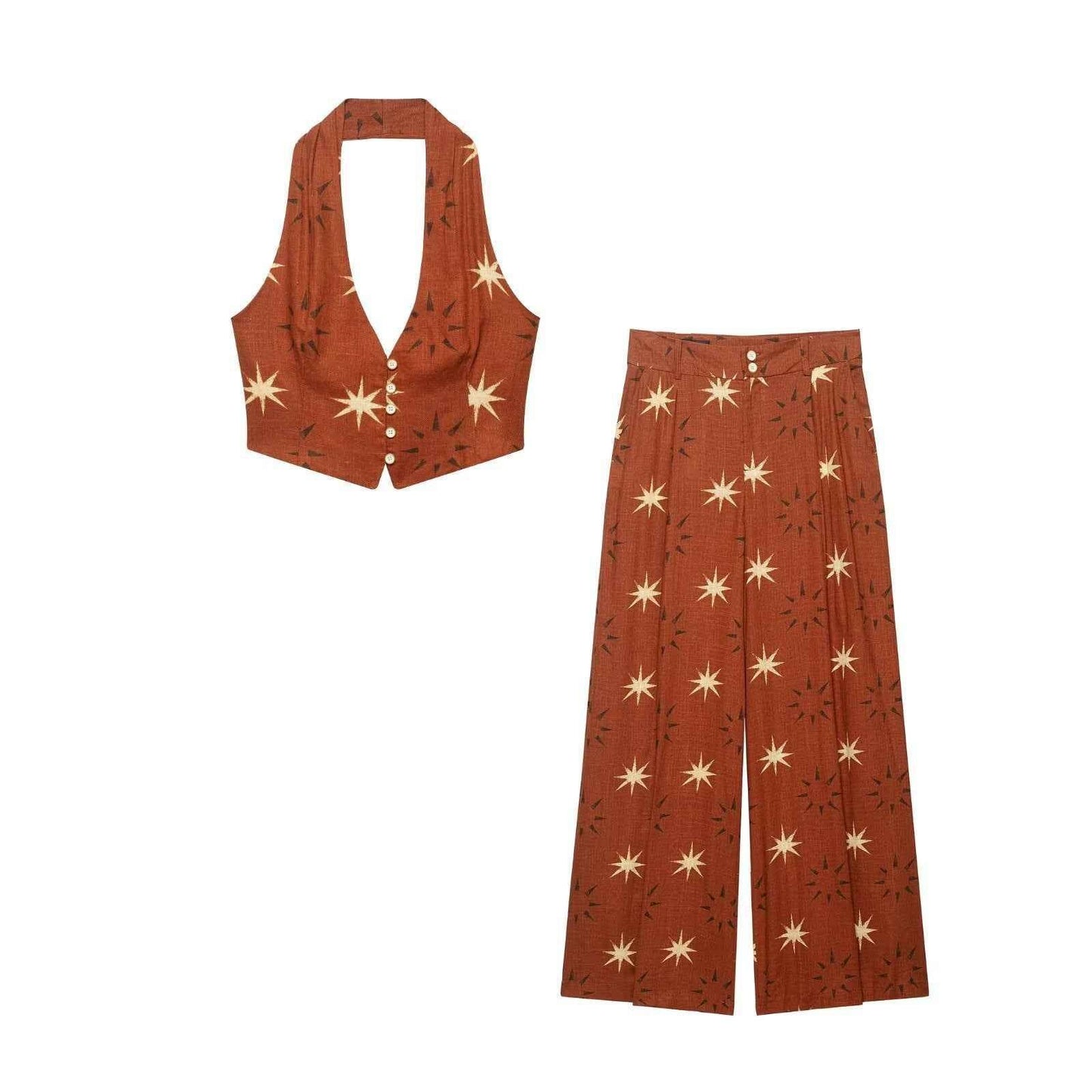 Printed linen blend top+straight leg pants set for women | MuddyStock Originals set
