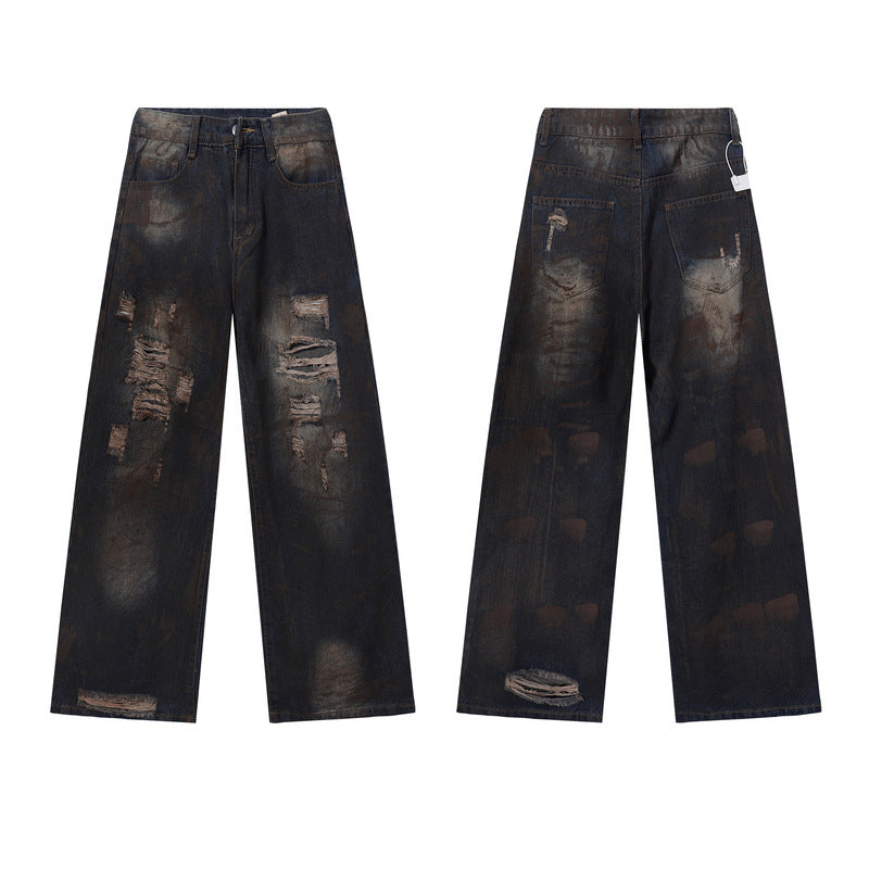 Washed Mud-Dyed Ripped Jeans Men's Loose Wide-Leg Pants