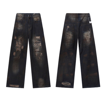 Washed Mud-Dyed Ripped Jeans Men's Loose Wide-Leg Pants