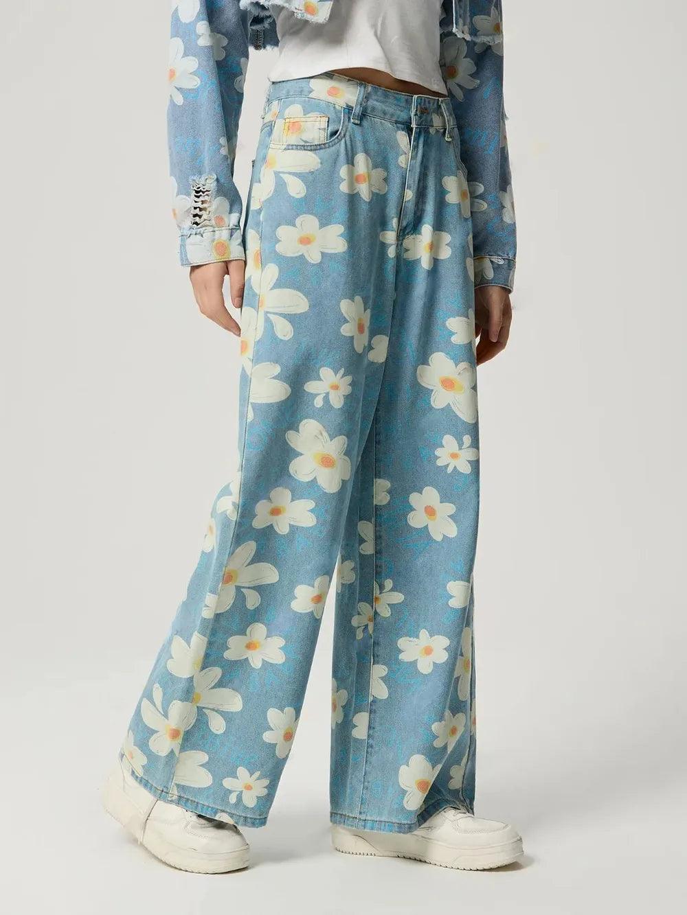 Pocketed Floral Wide Leg Jeans For Women | MuddyStock Originals