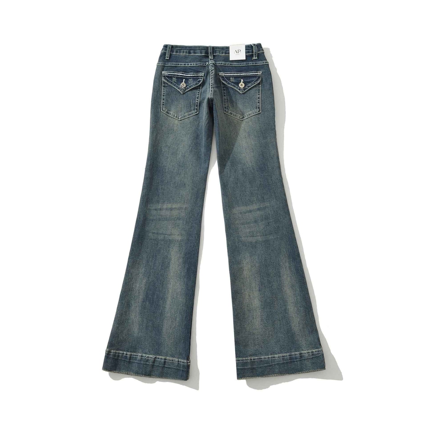 Low-Waist Washed Blue Flared Jeans for Women, Comfortable and Versatile Denim Pants