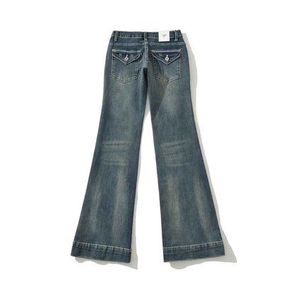 Low-Waist Washed Blue Flared Jeans for Women, Comfortable and Versatile Denim Pants