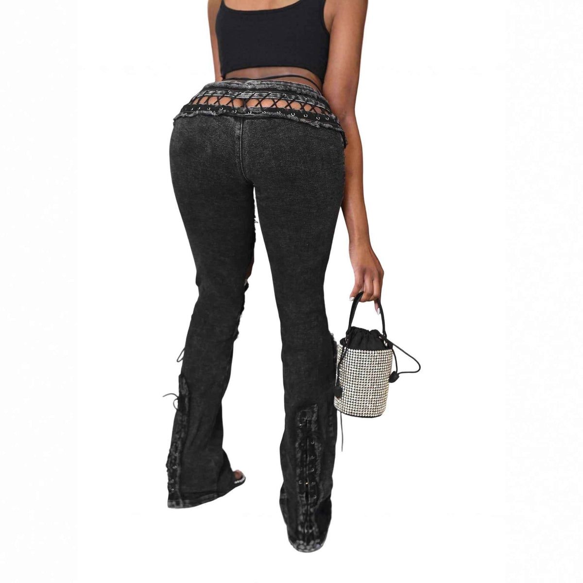 Casual High Waist Button Tie Elastic Jeans For Women