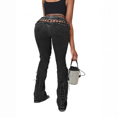 Casual High Waist Button Tie Elastic Jeans For Women