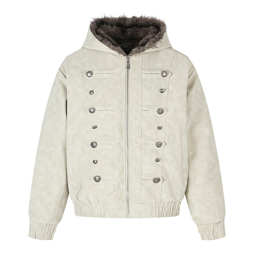 Men's Winter PU Leather Faux Mink Fur Double-Breasted Hooded Thickened Jacket