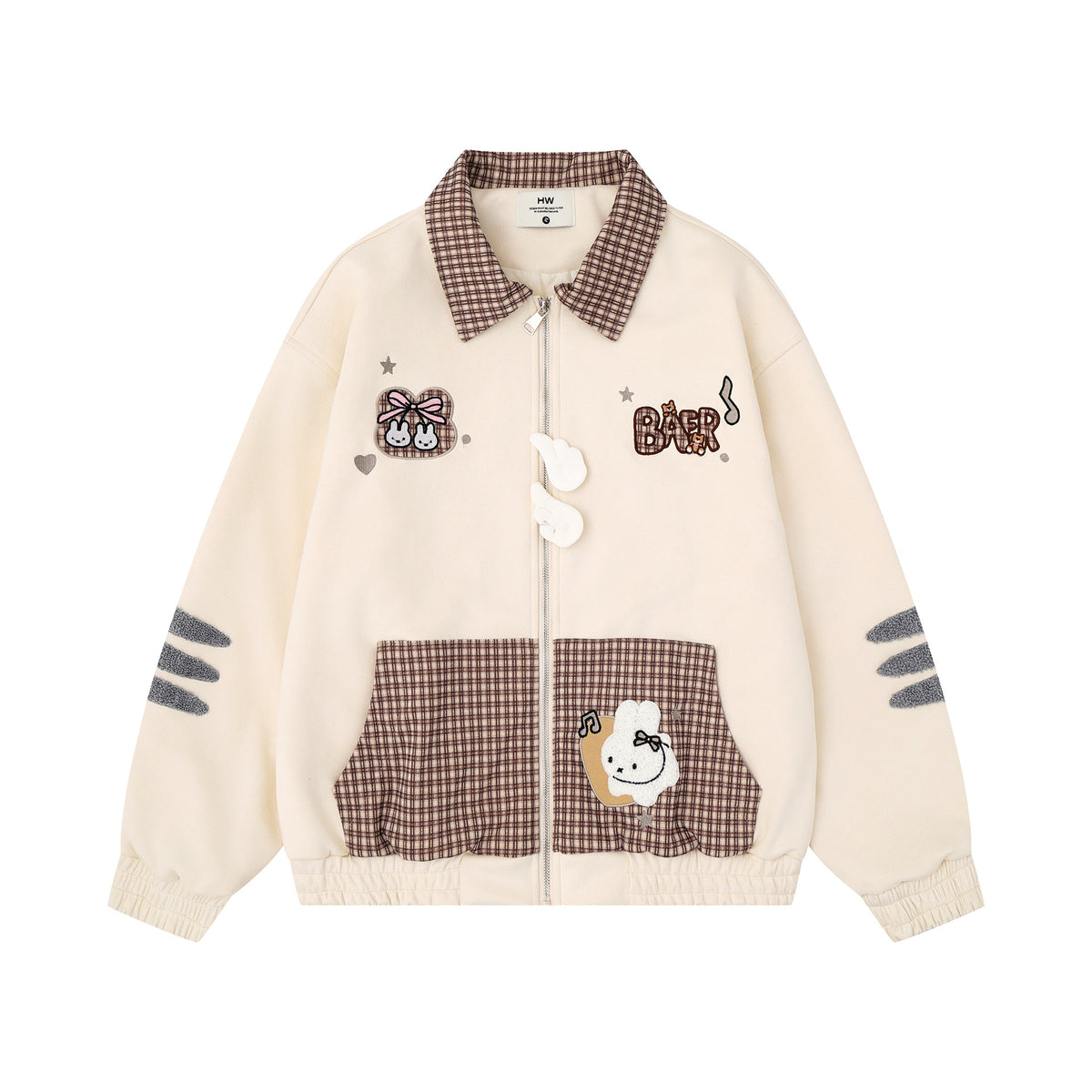 Plaid Patchwork Cartoon Rabbit Lapel Zipper Women's Jacket | MuddyStock Originals Apricot
