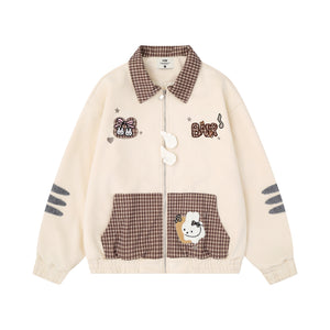 Plaid Patchwork Cartoon Rabbit Lapel Zipper Women's Jacket | MuddyStock Originals Apricot