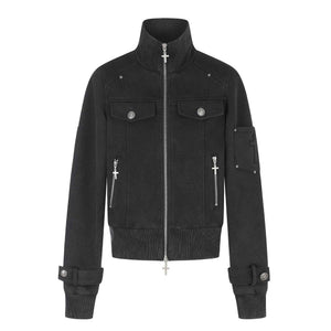 Dark Cargo Crop Jacket with Cross Multi-Pocket Detail For Women | MuddyStock Originals Black