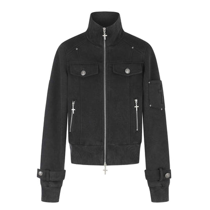 Dark Cargo Crop Jacket with Cross Multi-Pocket Detail For Women | MuddyStock Originals Black