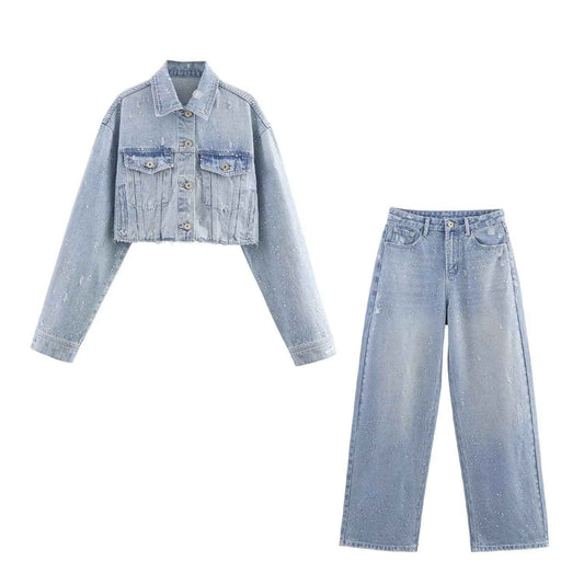 Denim Button Notched Collar Cropped Women's Jacket And Pants | MuddyStock Originals