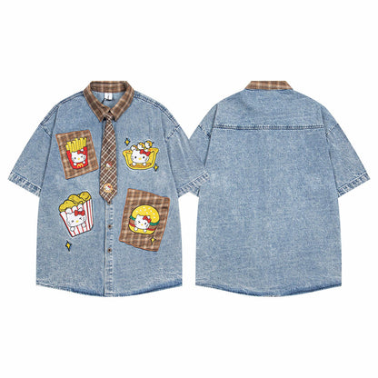 Retro Cartoon Patchwork Plaid Short Sleeve Shirt For Women | MuddyStock Originals eprolo