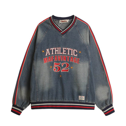 Letter Embroidered V-Neck Denim Sweatshirt For Men And Women | MuddyStock Originals eprolo